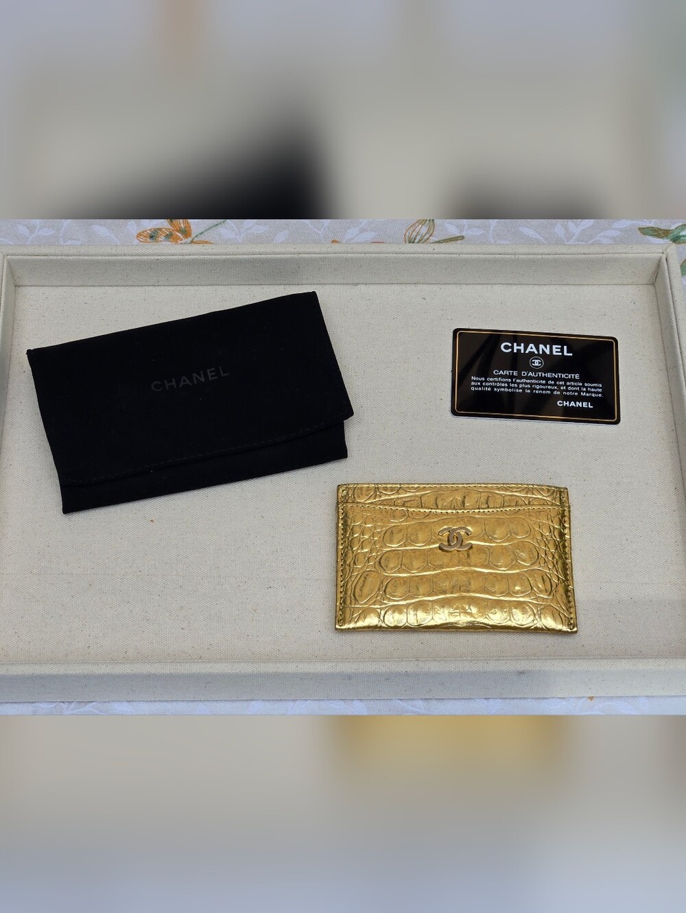 Authentic CHANEL Gold Croc-Embossed Card Holder – RARE IN LIKE NEW CONDITION